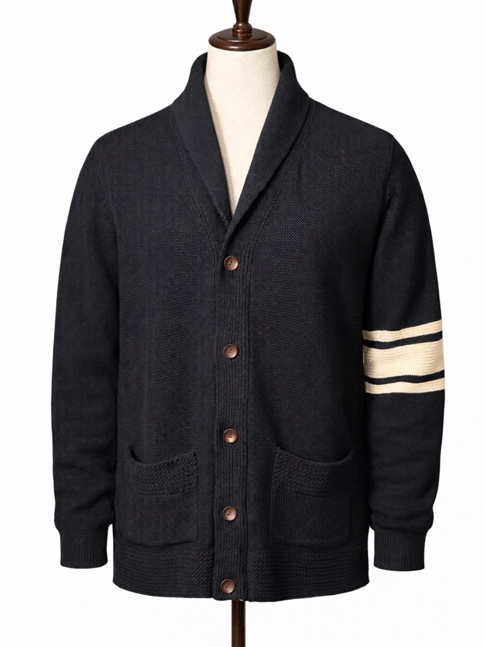 Birdwell cotton, silk, rayon varsity cardigan sweater- navy & white stripe- XXL